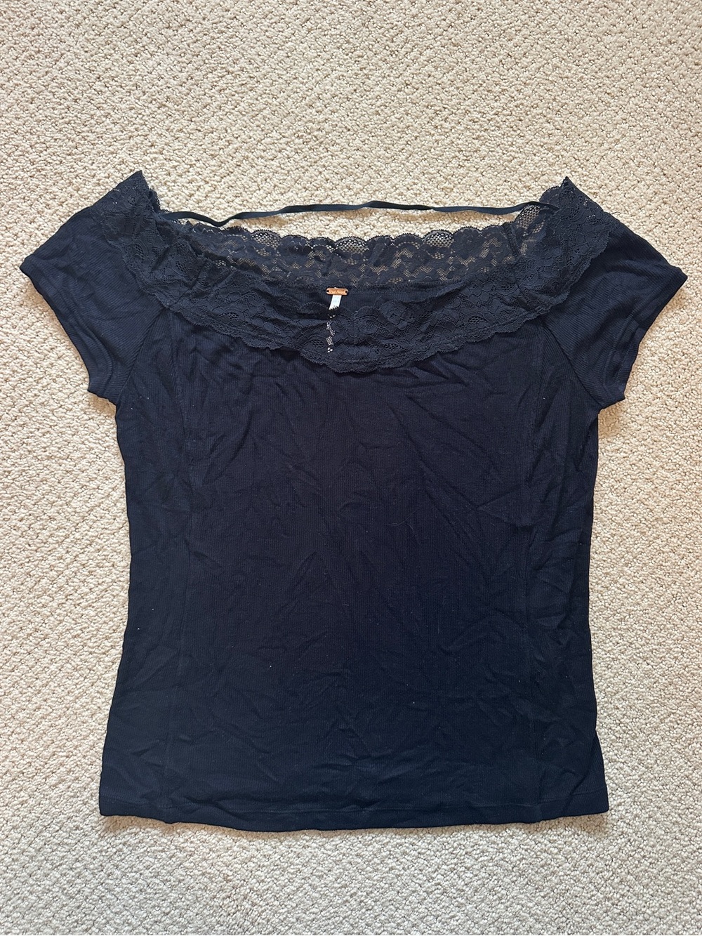 Free People Black Lace-Trim Short Sleeve Top Size Large